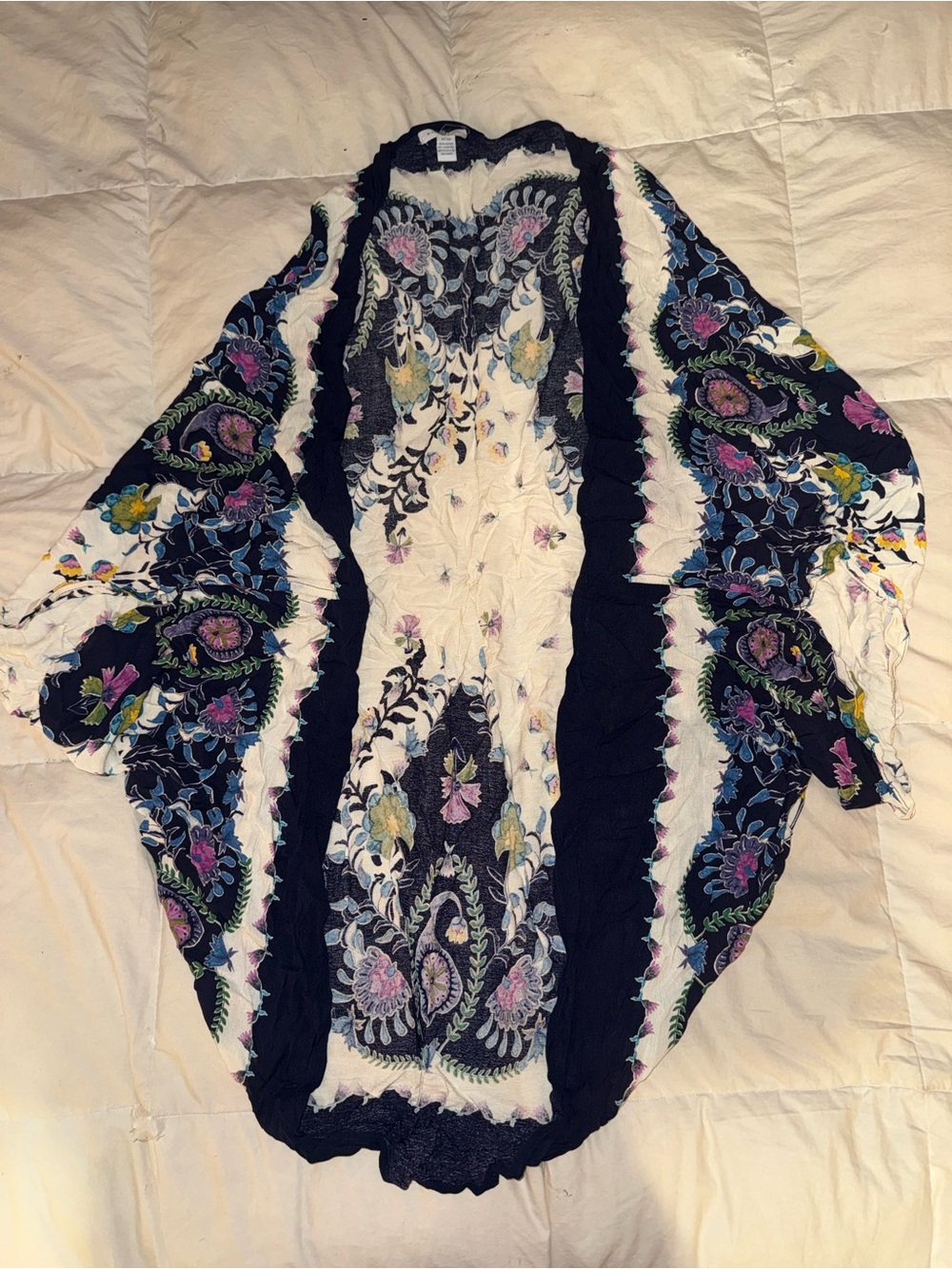 Anthropologie Navy Floral Kimono Shrug with Multi-Color Embroidery